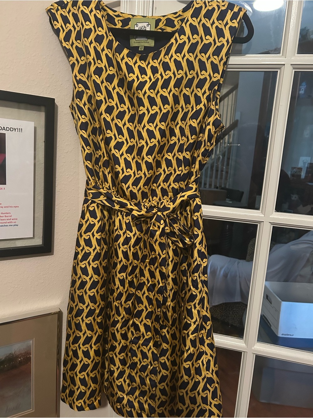 Elizabeth McKay Yellow and Black Chain-Print Belted A-Line Dress